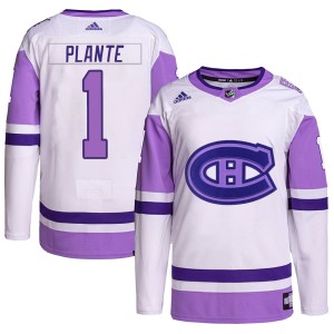 Youth Montreal Canadiens Jacques Plante Adidas Authentic Hockey Fights Cancer Primegreen Jersey - White/Purple