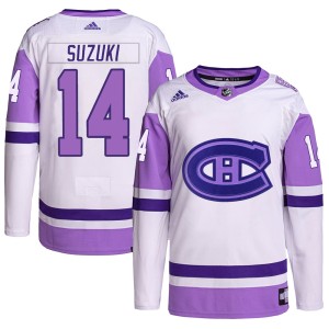 Youth Montreal Canadiens Nick Suzuki Adidas Authentic Hockey Fights Cancer Primegreen Jersey - White/Purple